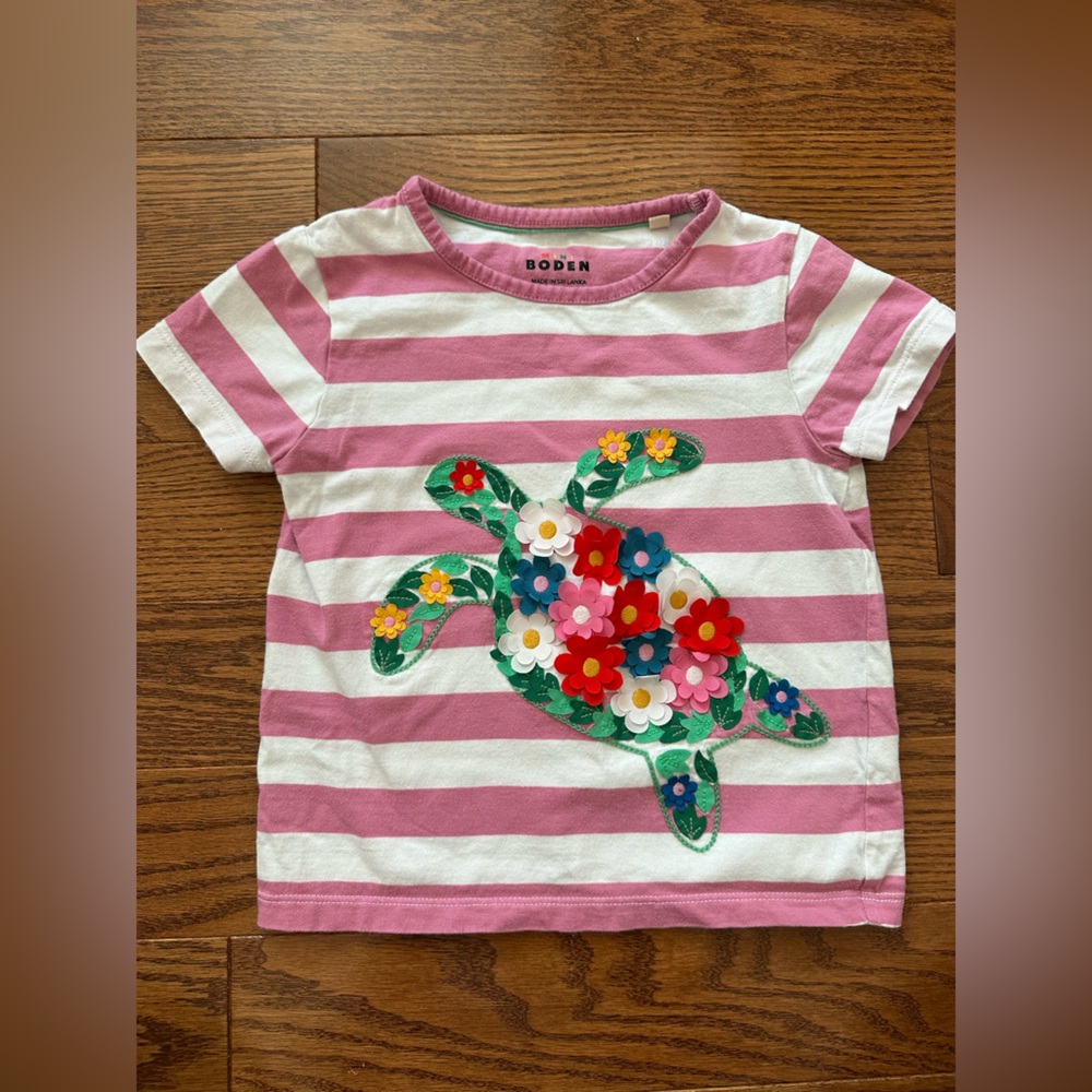 Boden Pink & White Striped Tee with Floral Turtle Applique
